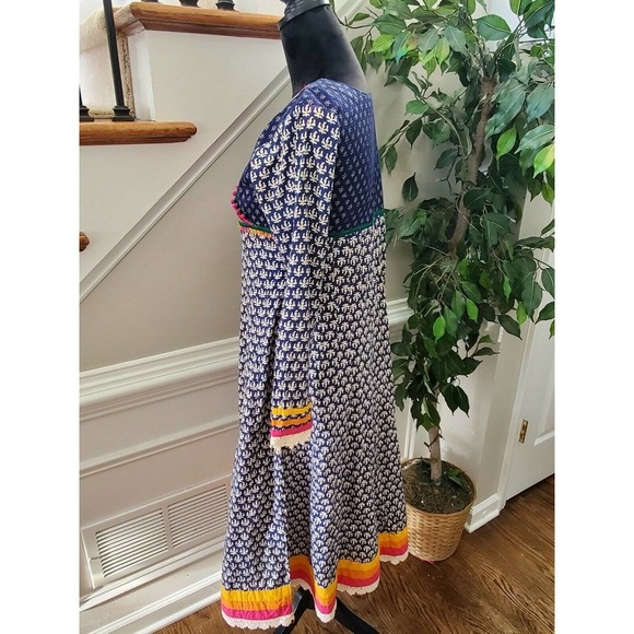 Indian Blue Floral Polyester V-Neck Long Sleeve Knee Length Dress Size Medium - Picture 8 of 11